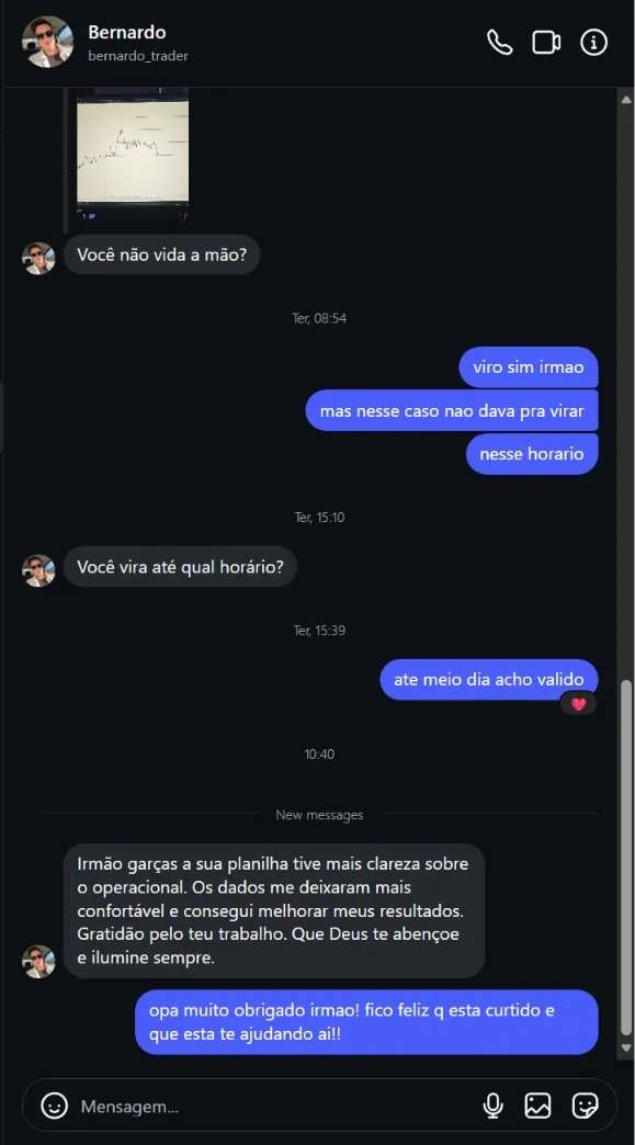 Relato de Bernardo sobre as planilhas